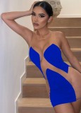 Summer Sexy See Through Mesh Patch Strapless Blue Bodycon Club Dress