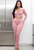 Spring Sexy Pink Velvet Ruchd Long Sleeve Cropped Hoody Top and Match Pants Wholesale 2 Piece Sets