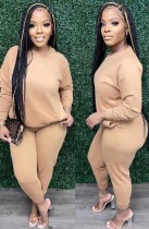 Spring Casual Khaki Round Neck Long Sleeve Loose Sweatshirt and Pants Set Wholesale two piece sets