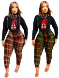 Winter Casual Black Print Long Sleeve Top And Plaid Suspender Pant Wholesale 2 Piece Outfits