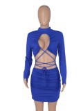Spring Sexy Blue Bandage Cut Out Long Sleeve Party Bodycon Dress