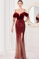 Spring Elegant Red Sequin Strap Off Shoulder Tassels Short Sleeve V-Neck Slit Long Evening Dress