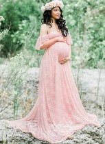 Summer Elegant Pink Lace Off Shoulder Mesh Maternity Long Dress