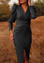 Spring Elegant Black V Neck Puffed Long Sleeve Slit Midi Dress