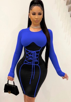 Spring Sexy Blue Contrast Black Round Neck Bandage Long Sleeve Bodycon Dress