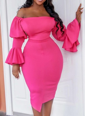 Spring Plus Size Sexy Rose Off Shoulder Ruffles Long Sleeve Midi Dress