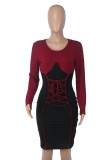 Spring Sexy Red Contrast Black Round Neck Bandage Long Sleeve Bodycon Dress