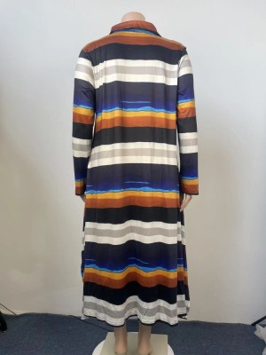Spring Plus Size Stripe Print Long Sleeve Shirt Long Dress