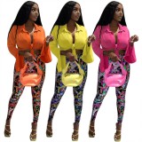 Spring Sexy Pink Long Sleeve Shirt And Print Pant Wholesale Women'S Two Piece Sets