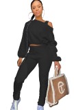 Winter Sexy Black Fleece Shoulder Slope Long Sleeve Top And Pant Wholesale Two Piece Clothing