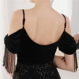 Spring Elegant Black Sequin Strap Off Shoulder Tassels Short Sleeve V-Neck Slit Long Evening Dress