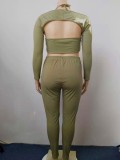 Spring Plus Size Sexy Green Long Sleeve Tops And Pant 3 Piece Set
