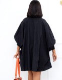Spring Casual Plus Size Black Button Up Turndown Collar Long Sleeve Oversize Dress