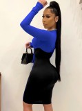 Spring Sexy Blue Contrast Black Round Neck Bandage Long Sleeve Bodycon Dress