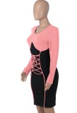 Spring Sexy Pink Contrast Black Round Neck Bandage Long Sleeve Bodycon Dress
