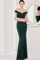 Summer Elegant Green Plain Off Shoulder Short Sleeve Evening Dress
