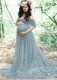 Summer Elegant Lt-Blue Lace Off Shoulder Mesh Maternity Long Dress
