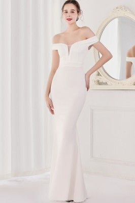 Summer Elegant White Plain Off Shoulder Short Sleeve Evening Dress