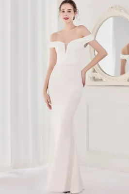 Summer Elegant White Plain Off Shoulder Short Sleeve Evening Dress
