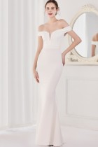 Summer Elegant White Plain Off Shoulder Short Sleeve Evening Dress