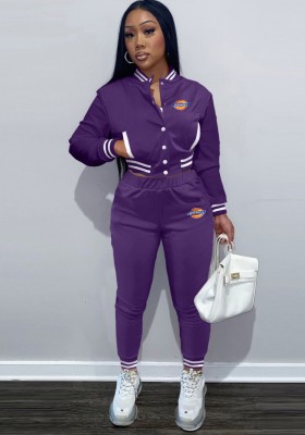 Winter Casual Purple Letter Print Long Sleeve Pocket Jacket And Pant Wholesale Two Piece Clothing