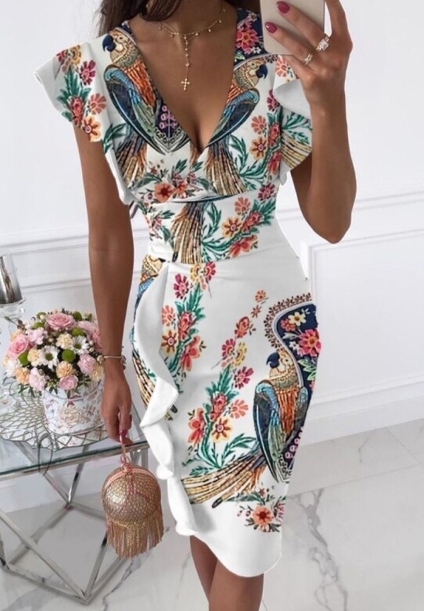 Summer Elegant Print Deep V Neck Ruffles Short Sleeve Midi Dress