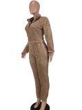 Winter Casual Kahaki Fleece Zipper Long Sleeve Top And Pant Wholesale 2 Piece Sets