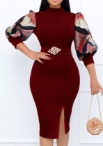 Spring Elegant Red Contrast Print Half Puffed Sleeve Slit Bodycon Dress