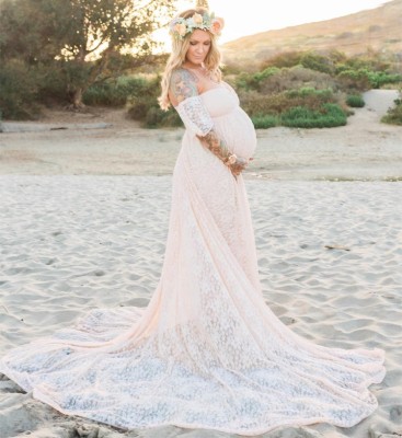 Summer Elegant Beige Lace Off Shoulder Mesh Maternity Long Dress