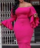 Spring Plus Size Sexy Rose Off Shoulder Ruffles Long Sleeve Midi Dress