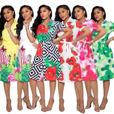 Summer Fashion Print With Belt Short Sleeve Dress