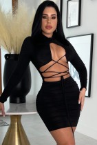 Spring Sexy Black Bandage Cut Out Long Sleeve Party Bodycon Dress
