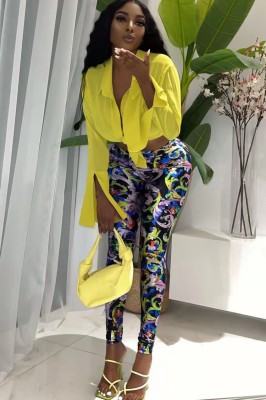 Spring Sexy Yellow Long Sleeve Shirt And Print Pant Wholesale Women'S Two Piece Sets
