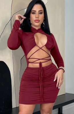 Spring Sexy Red Bandage Cut Out Long Sleeve Party Bodycon Dress
