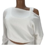 Winter Sexy White Fleece Shoulder Slope Long Sleeve Top And Pant Wholesale Two Piece Clothing