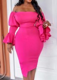 Spring Plus Size Sexy Rose Off Shoulder Ruffles Long Sleeve Midi Dress