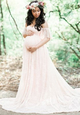 Summer Elegant Beige Lace Off Shoulder Mesh Maternity Long Dress