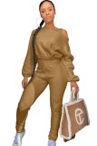 Winter Sexy Brown Fleece Shoulder Slope Long Sleeve Top And Pant Wholesale Two Piece Clothing