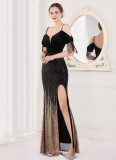 Spring Elegant Black Sequin Strap Off Shoulder Tassels Short Sleeve V-Neck Slit Long Evening Dress