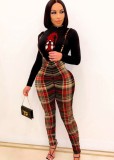 Winter Casual Black Print Long Sleeve Top And Plaid Suspender Pant Wholesale 2 Piece Outfits