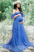 Summer Elegant Blue Lace Off Shoulder Mesh Maternity Long Dress