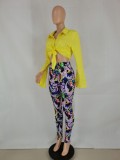 Spring Sexy Yellow Long Sleeve Shirt And Print Pant Wholesale Women'S Two Piece Sets
