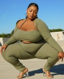 Spring Plus Size Sexy Green Long Sleeve Tops And Pant 3 Piece Set