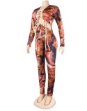 Summer Sexy Print Bandage Cut Out Long Sleeve Jumpsuit
