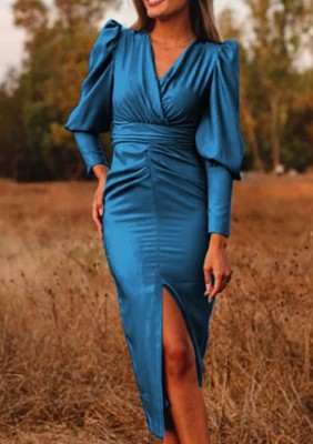 Spring Elegant Blue V Neck Puffed Long Sleeve Slit Midi Dress