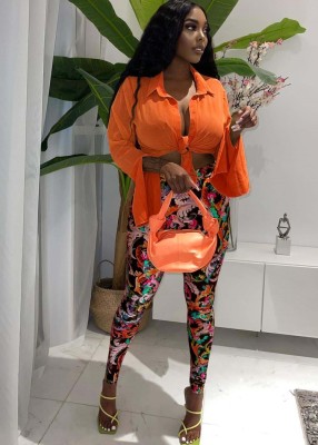 Spring Sexy Orange Long Sleeve Shirt And Print Pant Wholesale Women'S Two Piece Sets