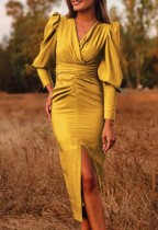 Spring Elegant Yellow V Neck Puffed Long Sleeve Slit Midi Dress