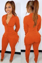Spring Orange Casual Ruched Strings Top and Pants Two Piece Set