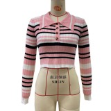 Spring Multi-color Striped Print Knitting Long Sleeve Crop Top