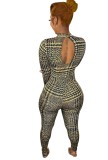 Winter Green Houndstooth Print Cut Out Bodycon Jumpsuit